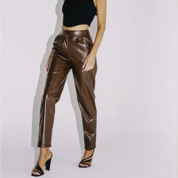 PRINCESS POLLY Brown Love Club Vegan Leather Pants - Picture 1 of 9